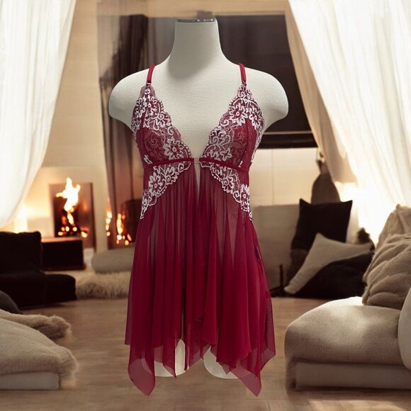 Klor Red Lace Babydoll Lingerie Size L Sheer Mesh Nightie with Floral Embroidery - Picture 1 of 11